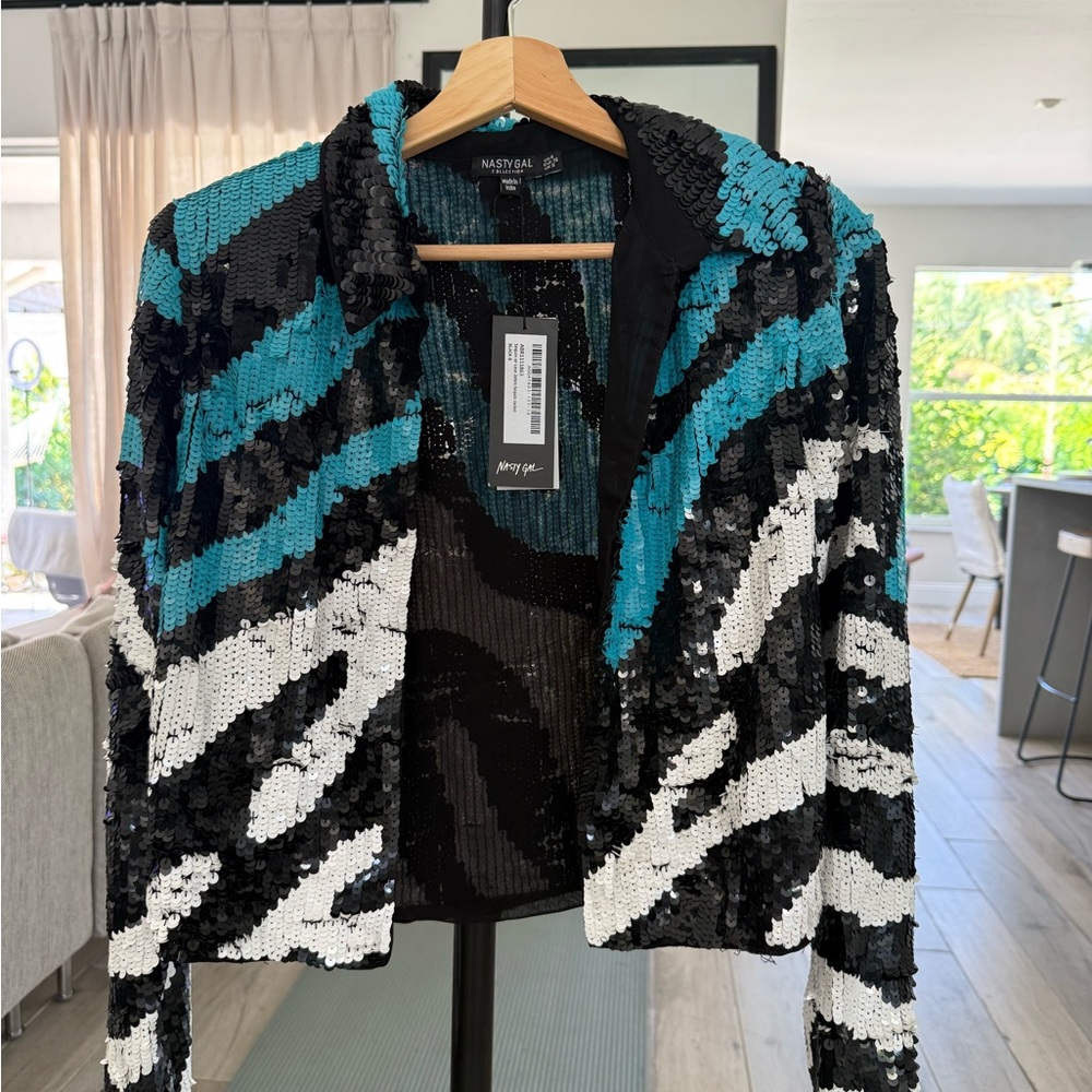 Nasty Gal Sequin Animal Print Blazer - Black, White, Teal